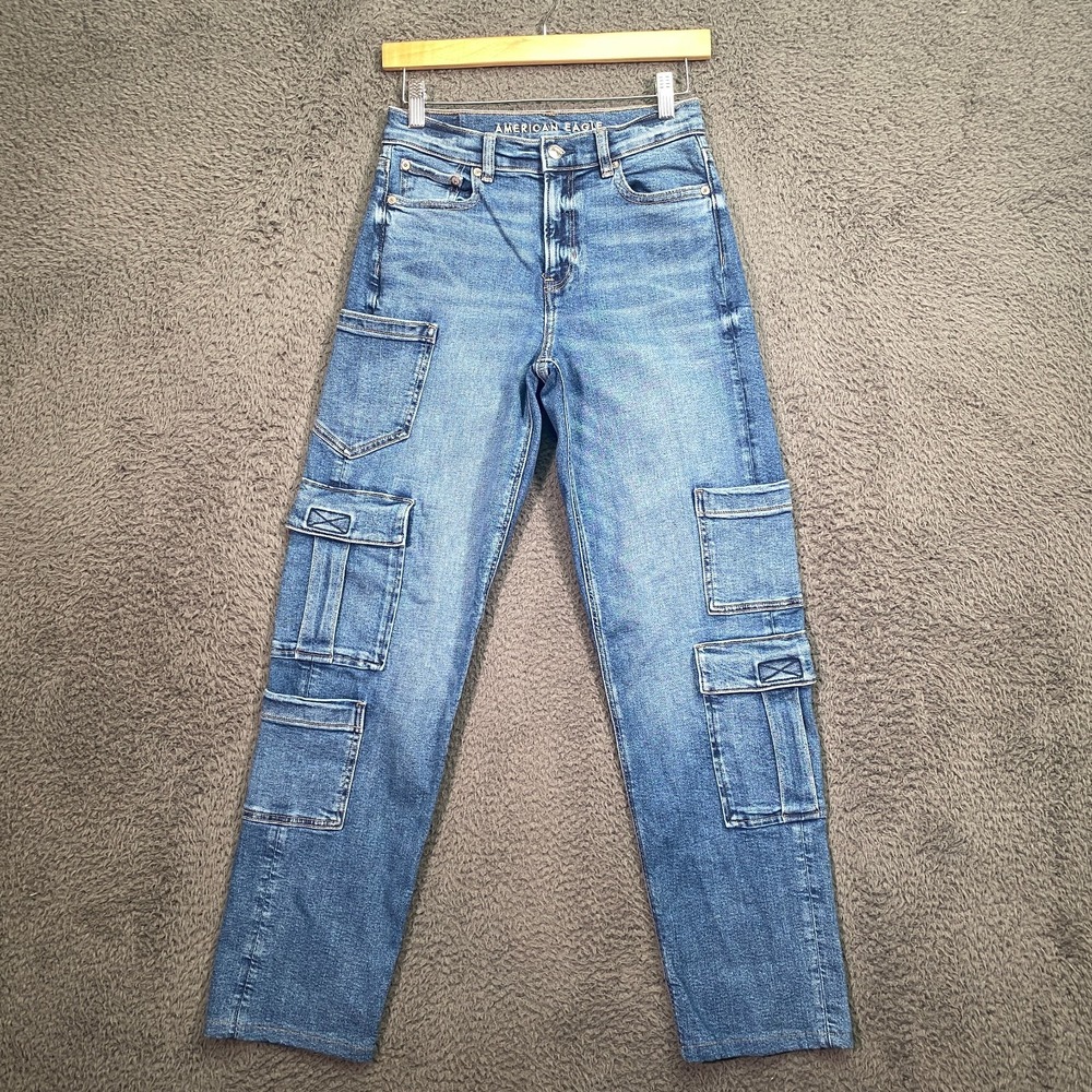 American Eagle Super High Rise Baggy Straight Cargo Jeans Womens 0 Blue Stretch